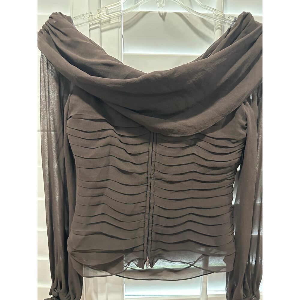 Vintage Lillie Rubin 100% Silk Ruched Blouse Off Shoulder Chocolate Brown Size 4 - Picture 7 of 13